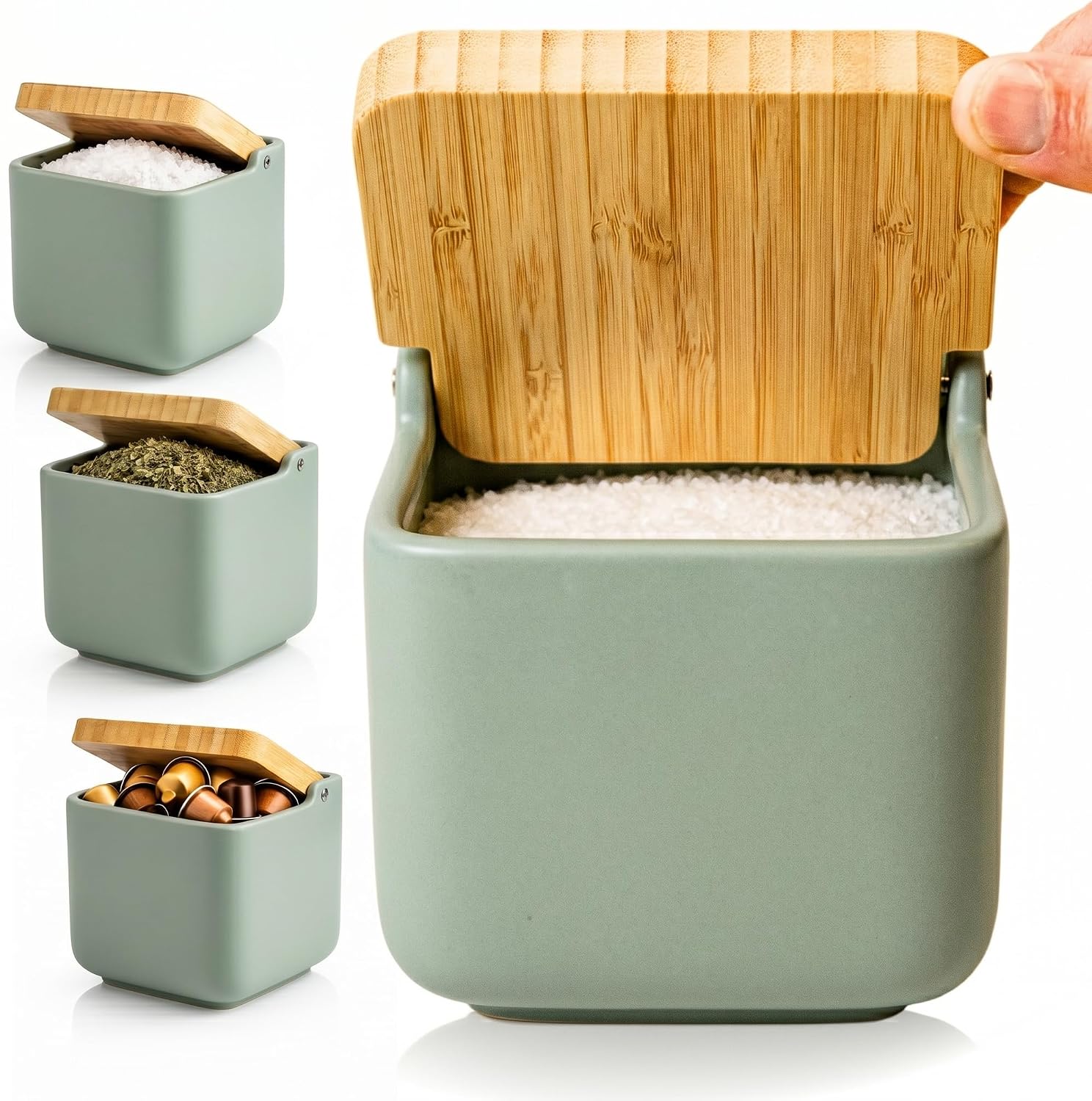 Barattolo sale ceramica con coperchio bambù 11,5 cm