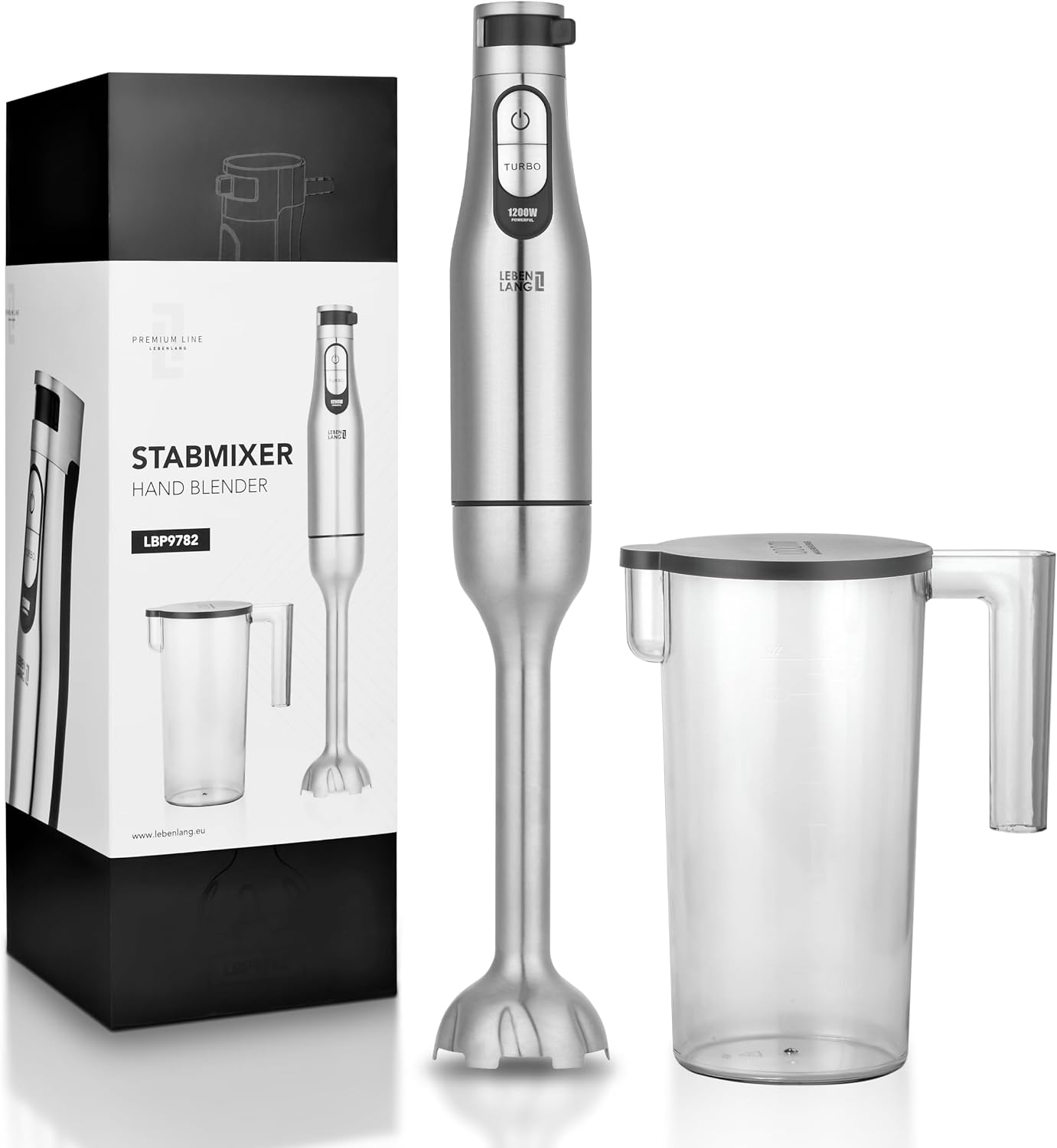 LEBENLANG Frullatore a mano 1200W in acciaio inox con accessori