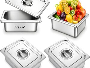 Set 4 contenitori inox GN 1/2 con coperchio, 26,5x32,5x10 cm