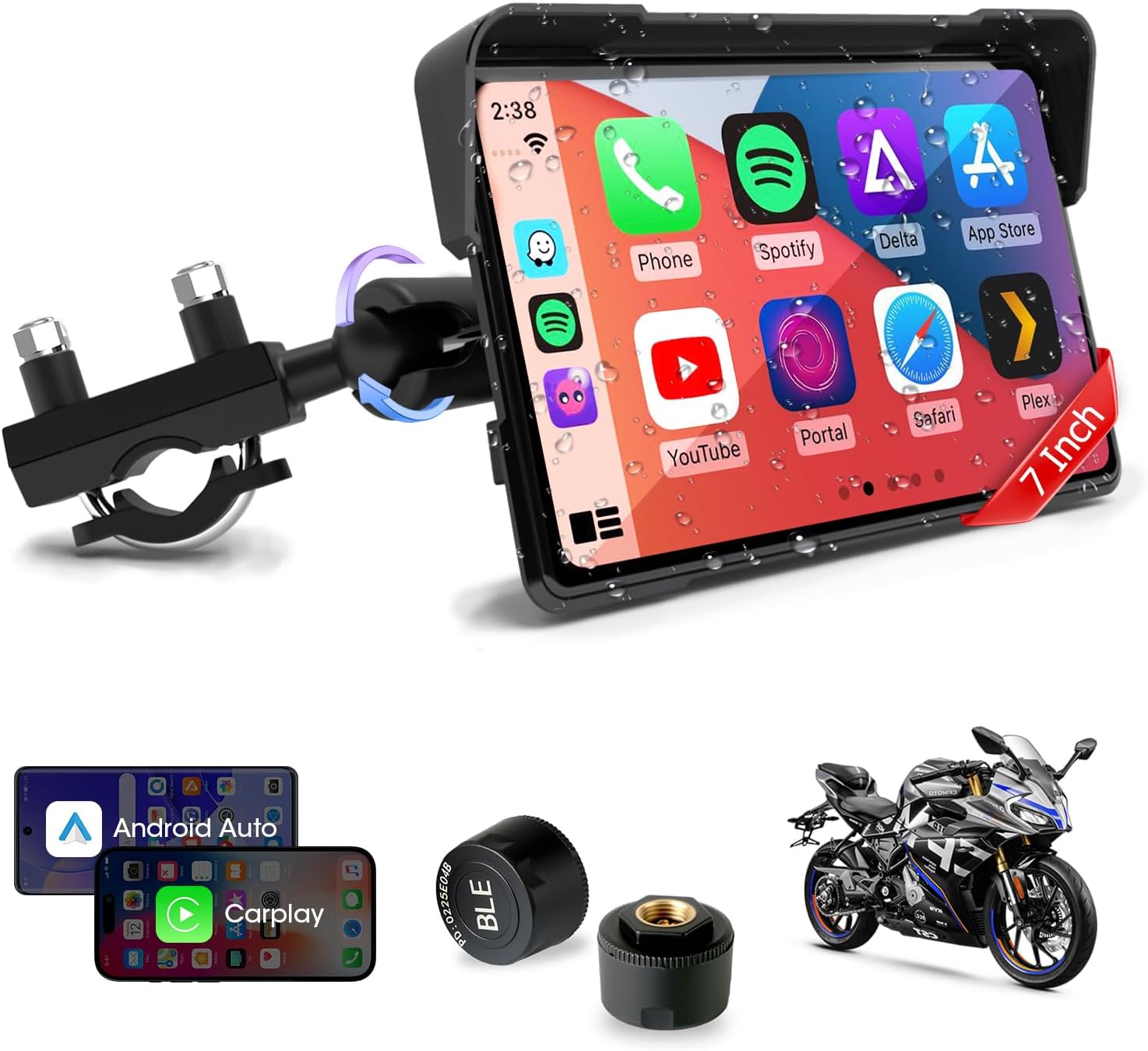 7" CarPlay Schermo Moto Vtopek: Wireless & TPMS Integrato
