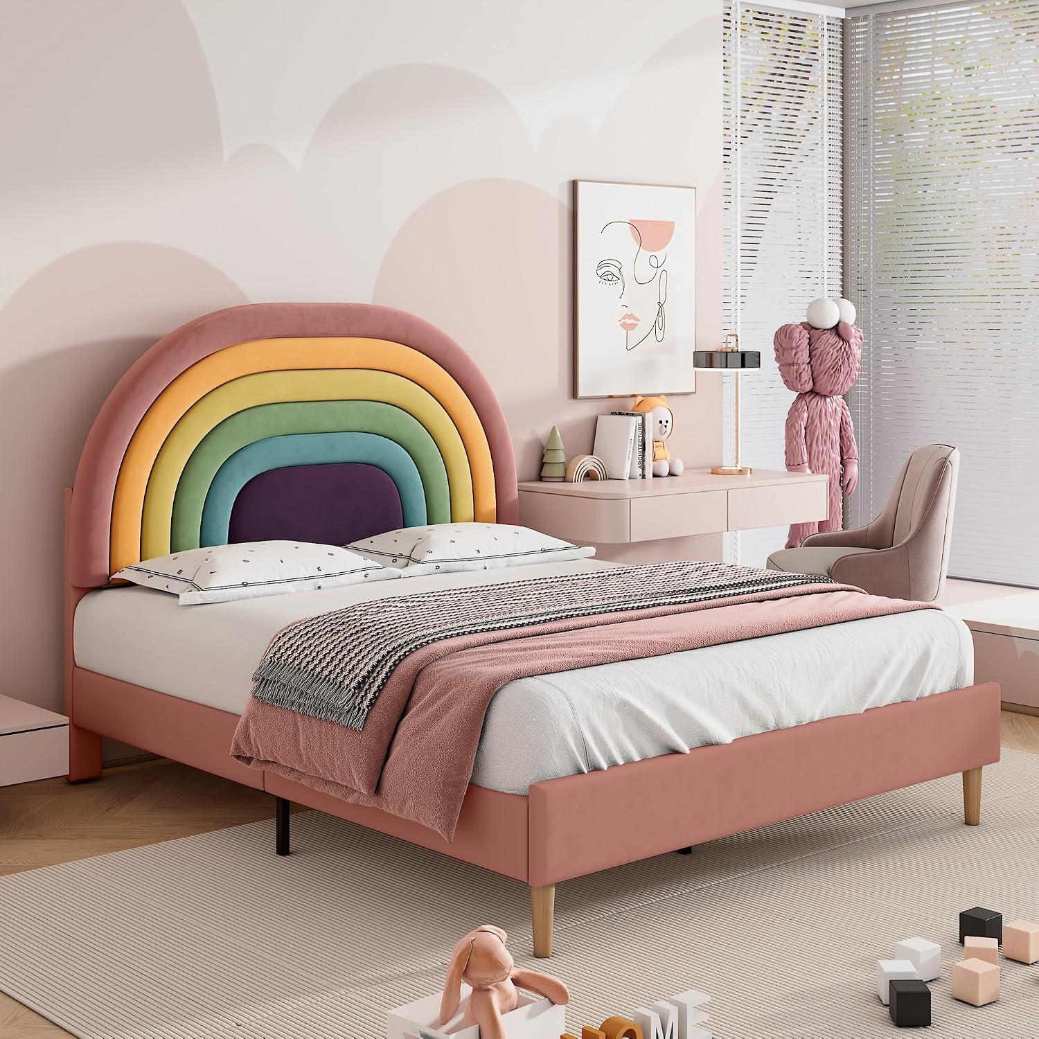 Letto imbottito velluto rosa 140x200 cm con testiera regolabile