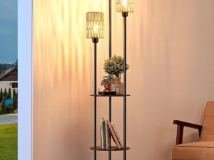 EDISHINE Lampada da Terra Boho Vintage 3 Luci con Mensola