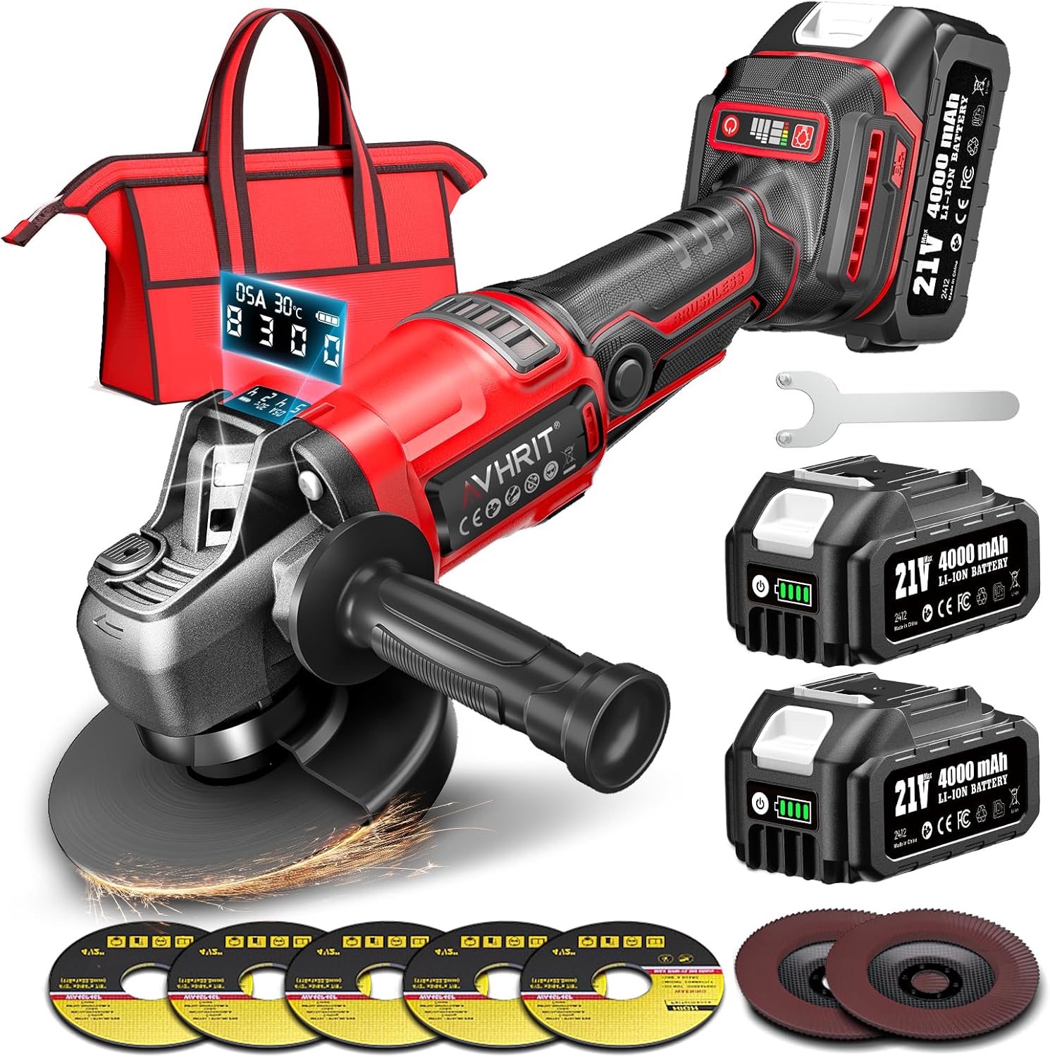 Smerigliatrice angolare senza fili Avhrit 125mm con 2 batterie