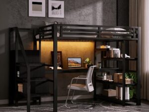 Merax Letto a castello soppalco con LED e scrivania, 160x200 cm