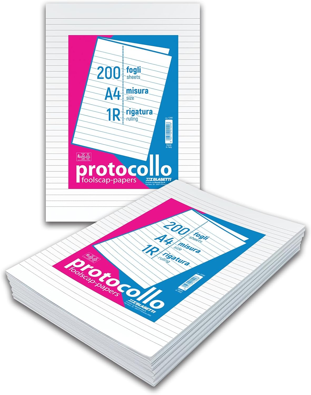 One Color - Risma Protocollo A4 Righe Senza Margine 200 Fogli
