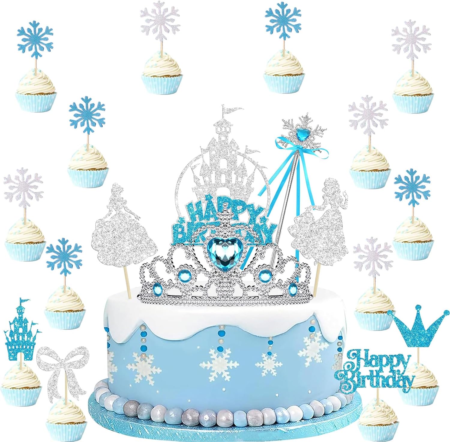 Set decorazioni torta Elsa e Cenerentola blu/argento