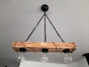 Lampadario industrial in legno e corda 3 lampadine E27
