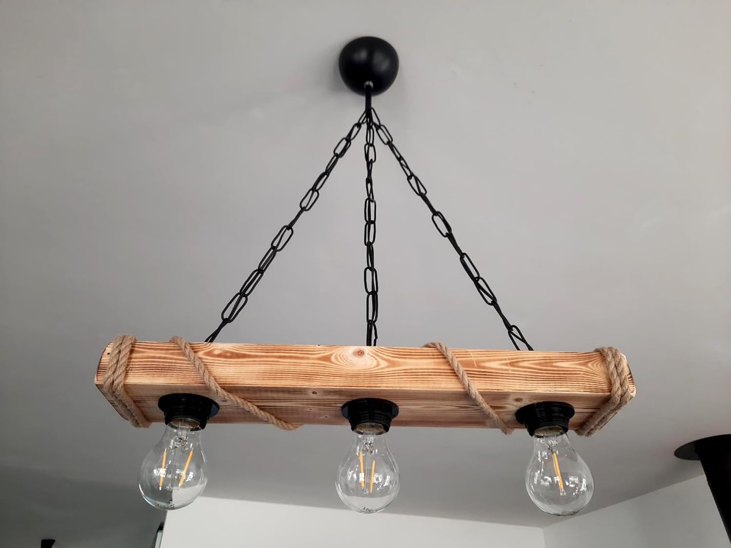 Lampadario industrial in legno e corda 3 lampadine E27