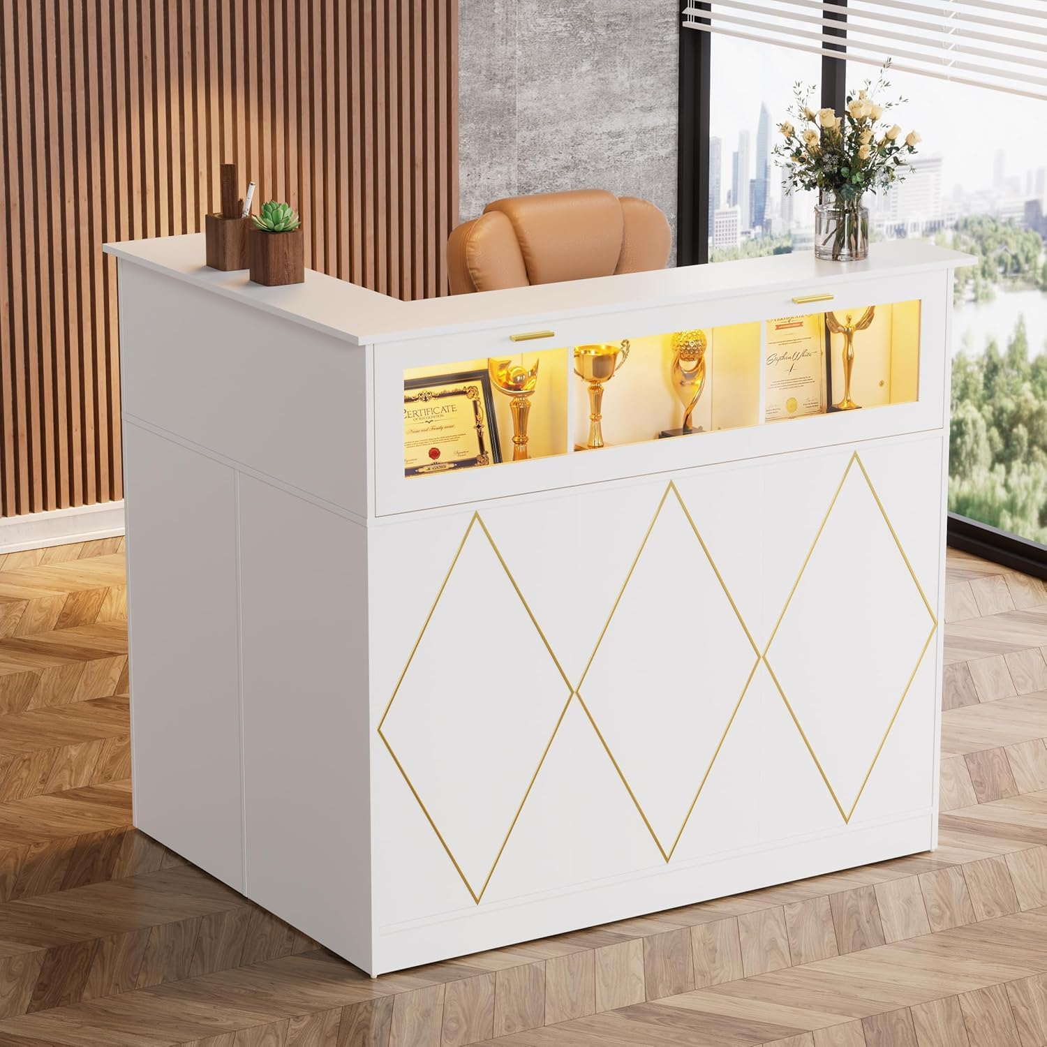 MSFE Bancone Reception LED con Vetrina, Bianco 126x93x111cm