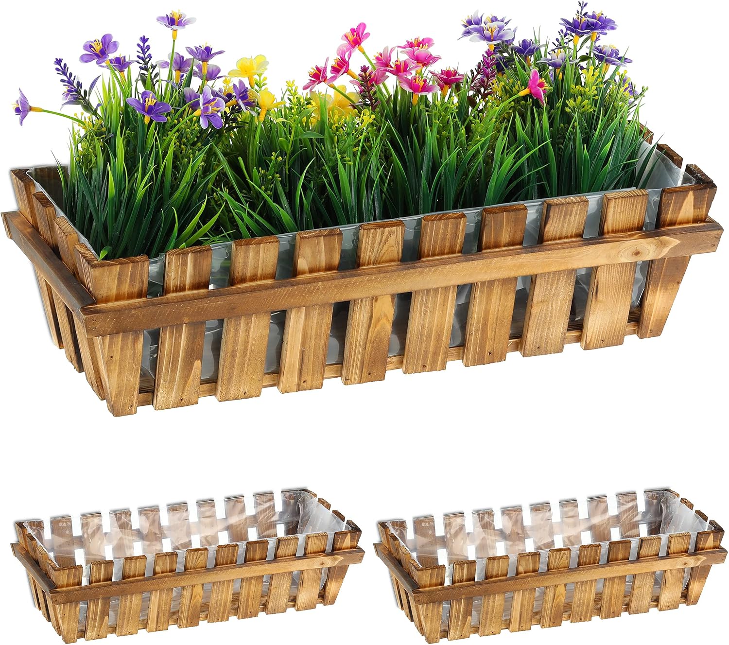 Set 3 Fioriere Rettangolari in Legno per Balcone