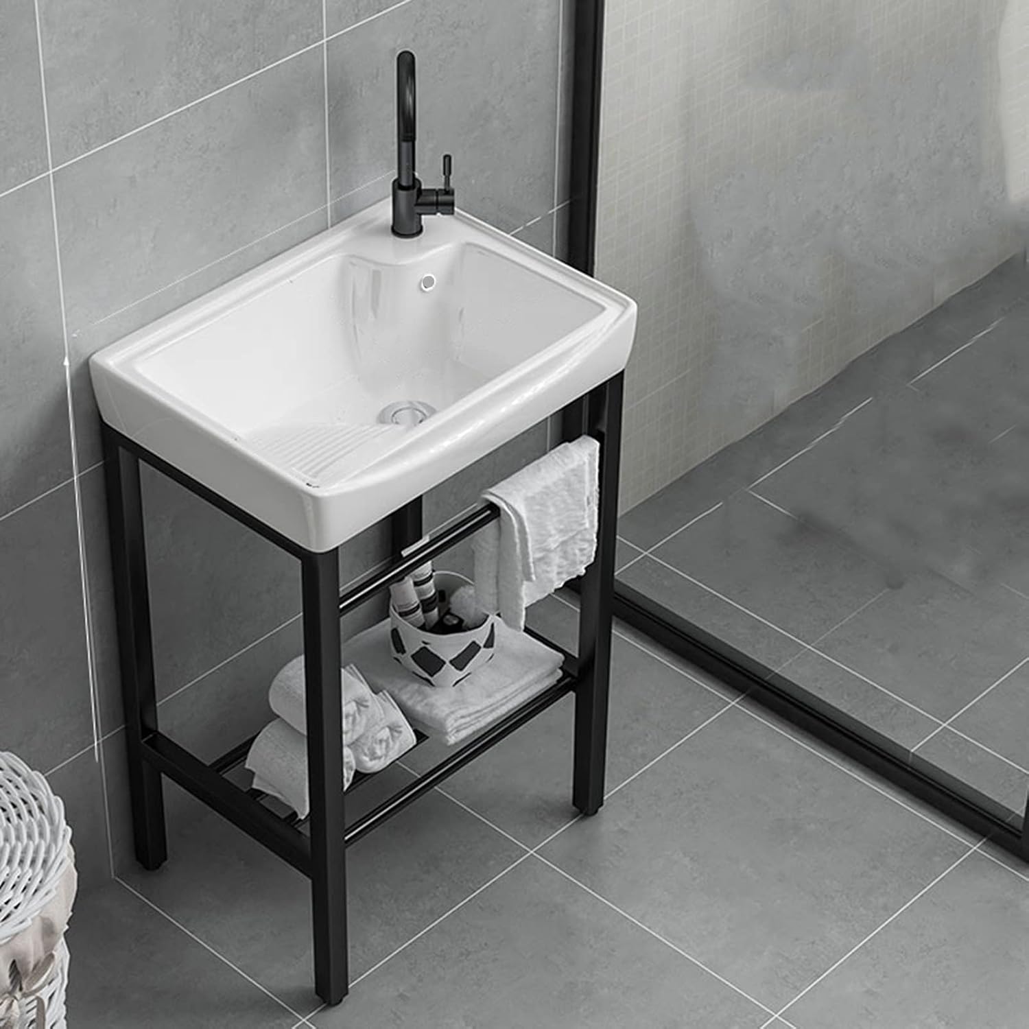 Lavabo Ceramica Bianco con Supporto in Acciaio - ZYFA
