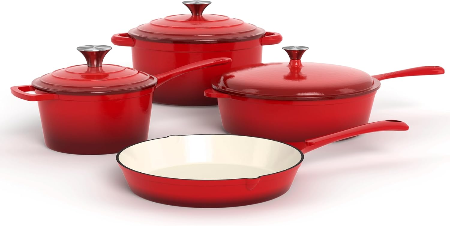 Kitchen Academy Set Pentole Ghisa Smaltata 7 Pezzi Rosso