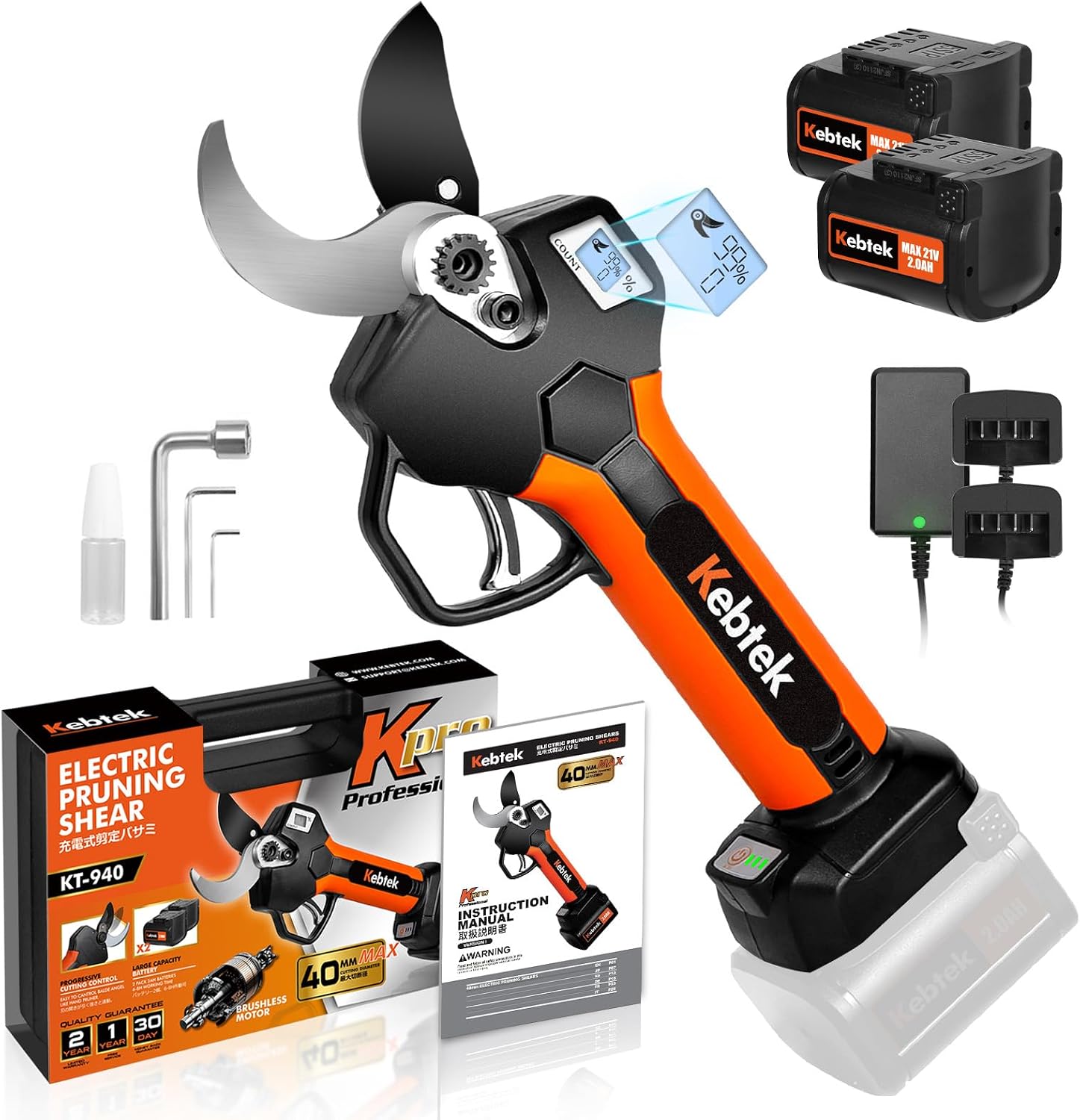 Kebtek KT-940 Forbici Potatura Elettriche 40mm - 2 Batterie 21V