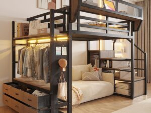 Letto a soppalco 140x200 in metallo con LED e cassetti