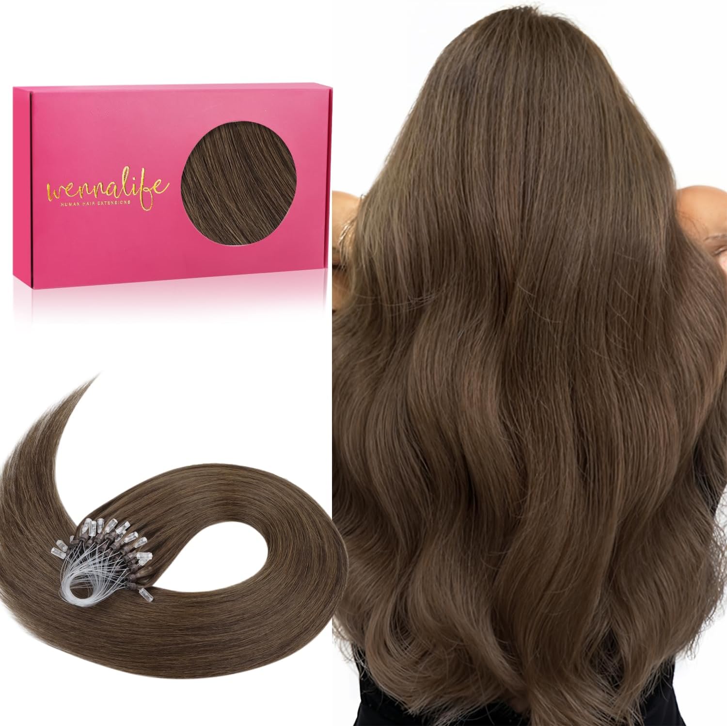 Extension capelli umani Remy Microring, Marrone Cenere 50g 50 ciocche 35cm