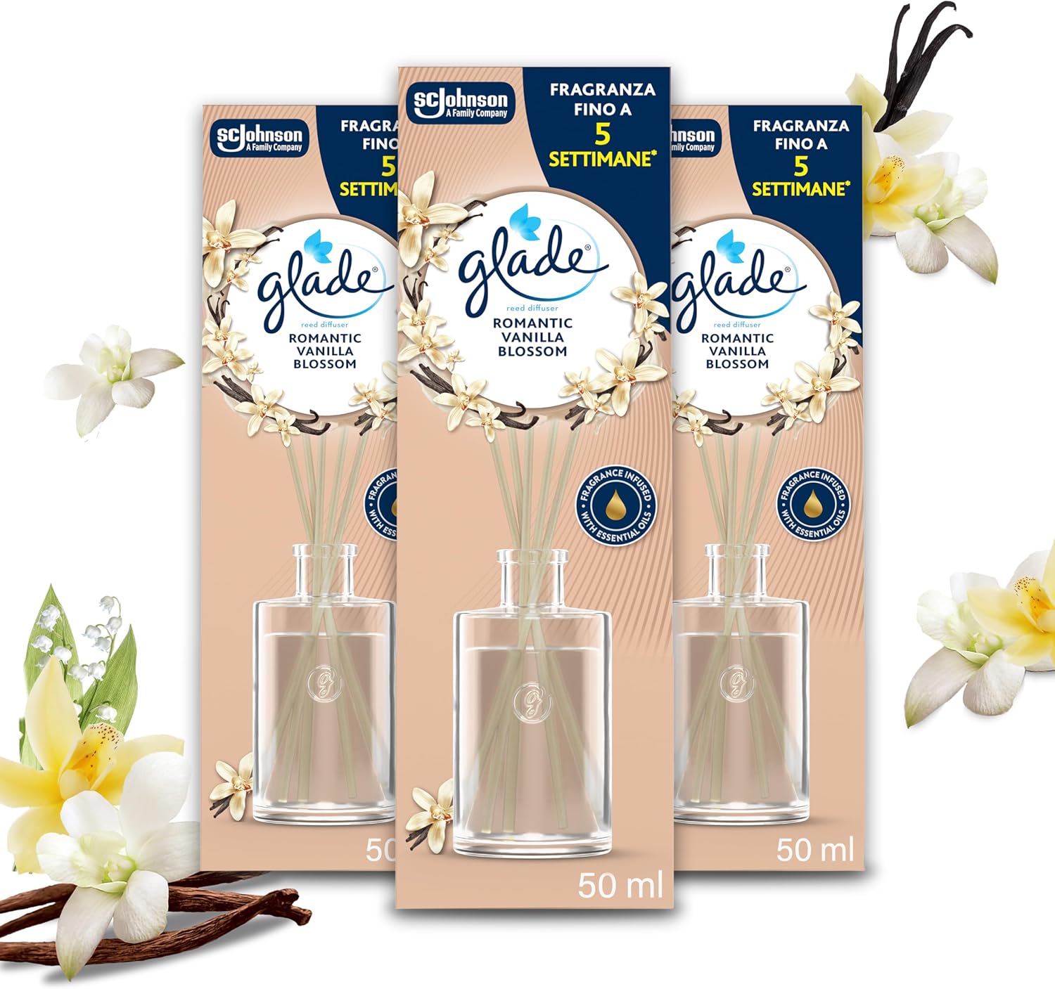 Glade Diffusore a Bastoncini Romantic Vanilla Blossom - 3x50ml