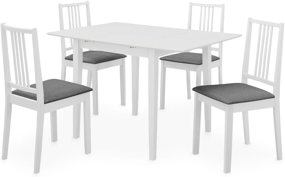 Set pranzo 5 pezzi in MDF bianco e gomma, tavolo allungabile