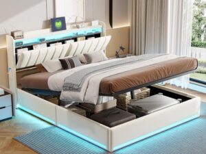 Letto matrimoniale 140x190 cm con LED e USB - Beige